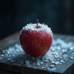 Fresh Red Apple with Water Droplets on Ice Bed at Dark Background