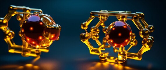 Golden Molecular Structures with Glowing Atoms on Dark Background