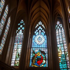 Intricate Stained Glass Windows in Historic Cathedral Interior