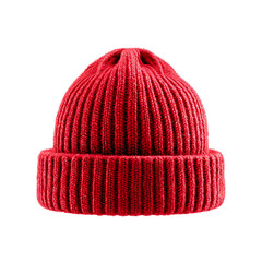 A bright red knit beanie hat with a ribbed cuff, isolated on transparent background