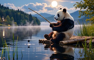 Panda Fishing by the Serene Lake at Sunset in a Tranquil Setting
