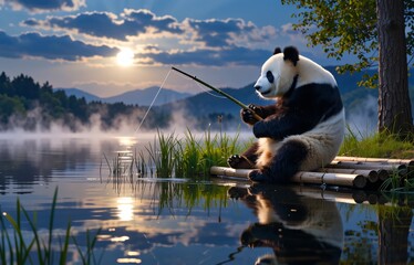 Panda Fishing at Sunrise in a Serene Natural Landscape Scene