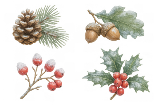Winter festive elements with pine cone, acorns, holly, and red berries, creating a natural seasonal decoration on transparent background