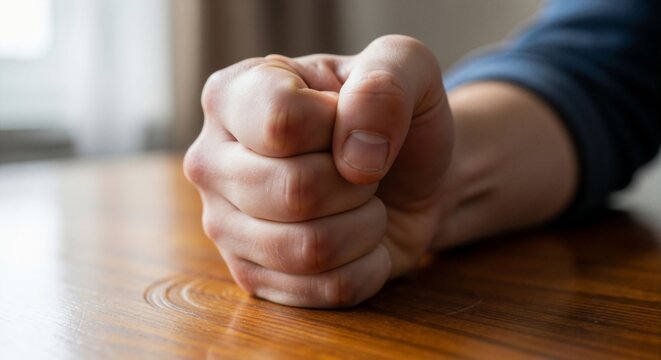 A fist clenched tightly on a wooden table, conveying anger and frustration.