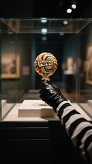 Colorful Lollipop on Display in Art Gallery with Black Gloves