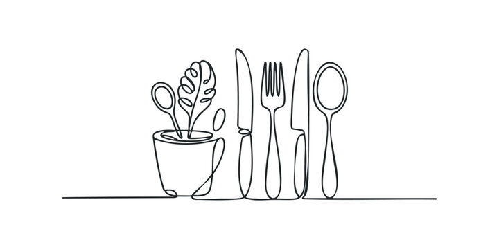 minimalist line art cutlery and plant clip art preview