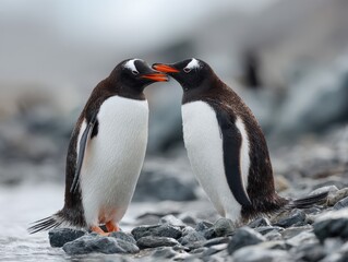 Naklejka premium A Romantic Encounter Two Gentoo Penguins in a Tender Moment by the Shoreline