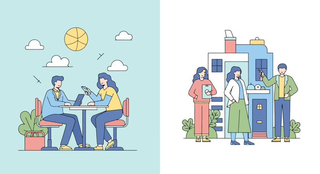 Diverse Business Meeting and Real Estate Agents Illustrating Collaboration and Property Sales