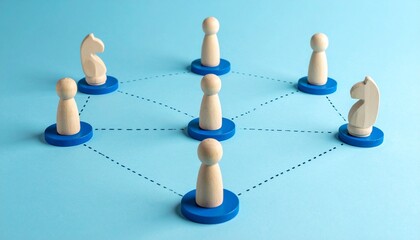 Central wooden figure connects to surrounding nodes, symbolizing leadership and networked communication.