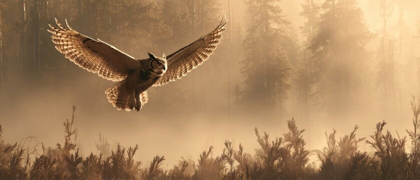 Majestic Owl in Golden Light A Serene Flight Over Misty Forest