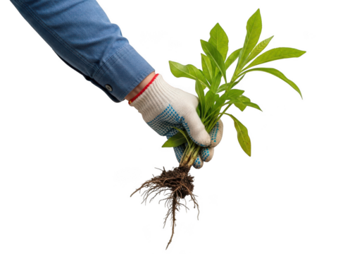 Hand wearing glove gently holds green plant seedling with visible roots transparent background - Powered by Adobe