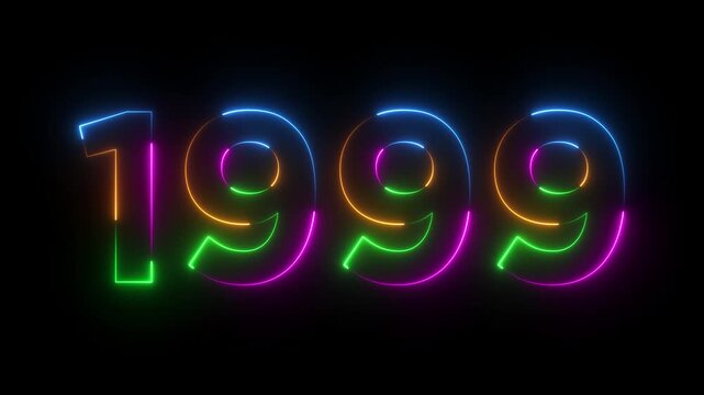 Glowing neon 1999 happy new year 1999 animated text new year on black background. Abstract 1999 neon text animation,