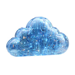 Digital cloud computing concept with glowing blue circuit board patterns inside, isolated on transparent background