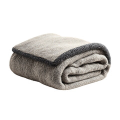 A neatly folded textured grey wool blanket with a dark grey border, isolated on transparent background