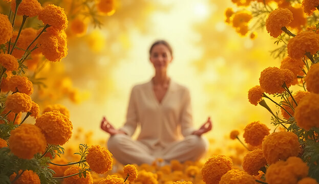 Meditation in a field of vibrant marigolds brings peace and serenity to the spirit - Powered by Adobe
