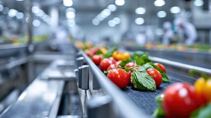 Fresh Produce on Conveyor Belt: Tomatoes and other fresh vegetables journey along a conveyor belt in a bustling food processing facility, symbolizing the efficiency of modern food production.