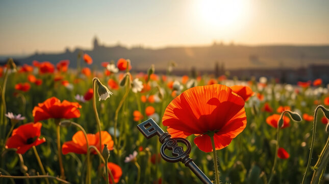 Close-up of an Antique Skeleton Key Near a Vibrant Red Poppy Flower in a Field, with a Softly Blurred City Skyline in the Background at Golden Hour Sunrise, Symbolizing Urban Opportunity and Natural
