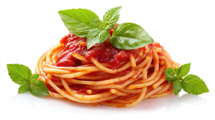 Delicious spaghetti pasta served with rich tomato sauce and fresh basil and mint leaves, classic Italian cuisine isolated on white background
