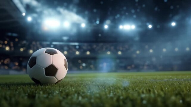 A lone soccer ball rests on dew-kissed grass beneath bright stadium lights, with distant stands afar