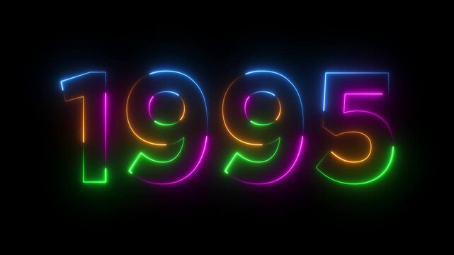 Glowing neon 1995 happy new year 1995 animated text new year on black background. Abstract 1995 neon text animation,.Digital font against neon line looping animation.