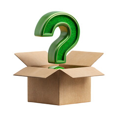 A textured green question mark emerging from an open cardboard box, isolated on transparent background