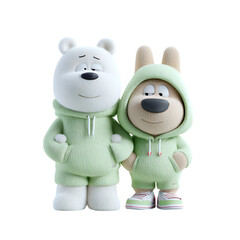Two cute cartoon teddy bear and bunny characters wearing green hoodies, standing together isolated on transparent background