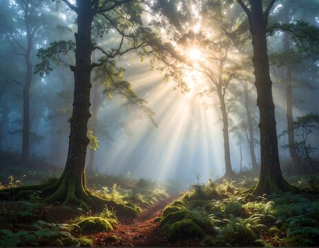 Sunlit path through a mystical forest with tall trees and dappled light