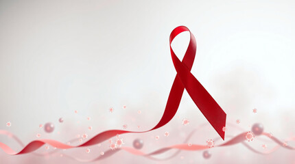 Floating Red Ribbon, the Symbol for AIDS and HIV Awareness, Surrounded by Microscopic Virus Particles and Flowing Pink Ribbons on a Bright Background, Representing Global Health Support and Pandemic
