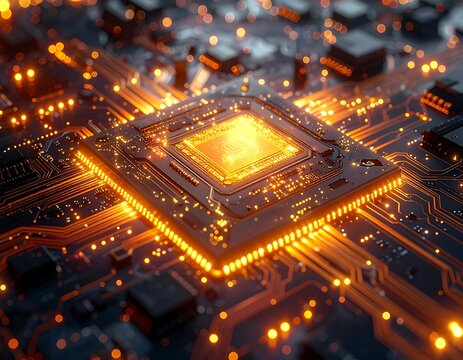 Close-up of a central processing unit glowing orange