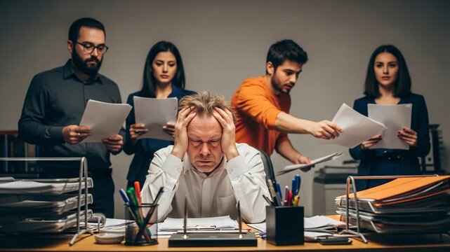 Overwhelmed businessman with head in hands, stressed by workload
