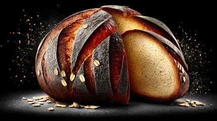 Freshly Baked Artisan Bread on Black Background with Oats and Flour Dusting for Culinary and Baking Themes