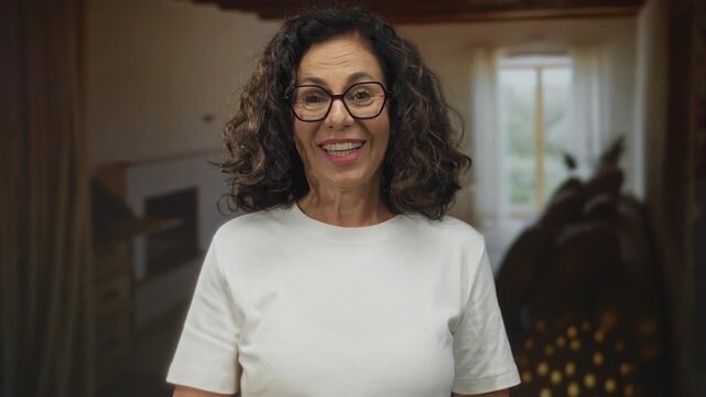 Hispanic woman wearing eyeglasses holds thumb up with right hand indoors in living room; approval encouragement positivity optimism.