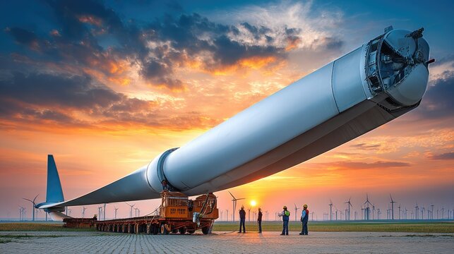 Workers Transporting Large Wind Turbine Blade at Sunset with Windmills in Background