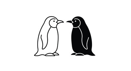 Obraz premium Two stylized penguins, one outlined and one solid black, facing each other on a white background.