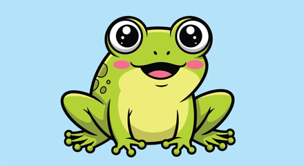 Obraz premium A cartoon frog with big eyes and a happy expression sits against a light blue background.