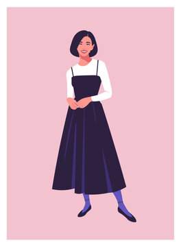 Portrait of a happy Asian woman stands full-length. Fashion and lifestyle. Vector flat illustration