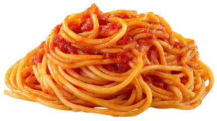 Delicious spaghetti pasta tossed in rich tomato sauce with fresh herbs, classic Italian cuisine dish isolated on white background