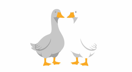 Cute Cartoon Geese Flat Illustration White Grey Birds