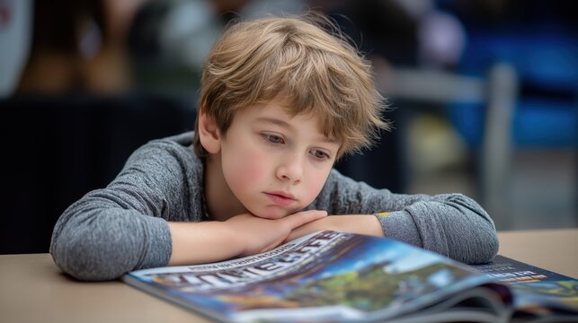 Childboy reading magazine with focused expression indoor leisure activity highlighting curiosity education and childhood interest in media entertainment