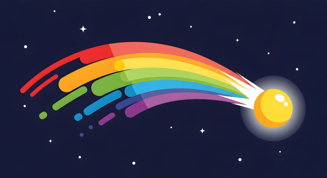 A vibrant rainbow comet streaks across a dark starry night sky, leaving a colorful trail.