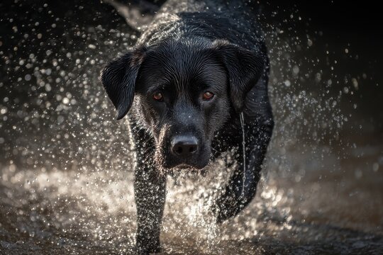 Black Labrador Retriever Wading in Water with Intense Gaze - Powered by Adobe