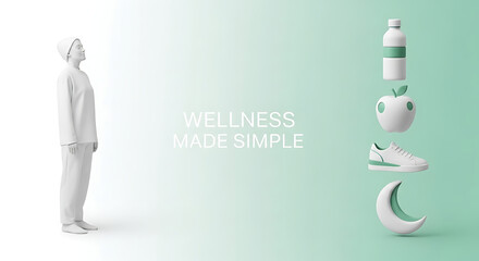 Wellness concept with a person and floating objects isolated on white background