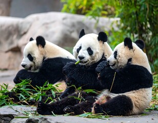 Fototapeta premium Three giant pandas in a zoo habitat, eating bamboo shoots