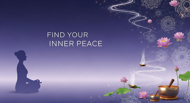 Find your inner peace with lotus flower and singing bowl on purple background