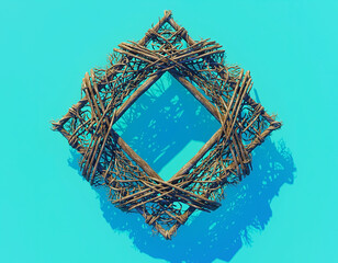 Rustic Woven Diamond Vine Frame on Aqua Blue Background