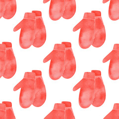 Watercolor pattern featuring cozy red knitted mittens. Perfect for Christmas and New Year's designs, winter wrapping paper, textiles, greeting cards, and holiday decor.