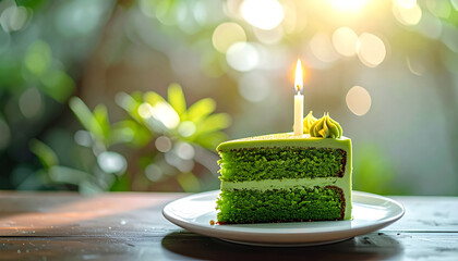 Matcha green tea birthday cake slice, minimalist Japanese style
