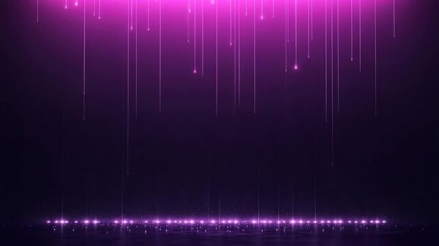 Purple light particles falling onto a reflective surface