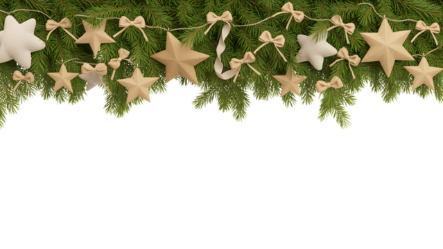 Festive Christmas holiday garland featuring green pine branches, elegant white and beige stars, cozy bows, winter decor, celebration background aesthetic. - Powered by Adobe