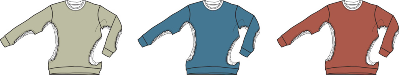 Collection of stylish crewneck sweater designs showcasing different colors and fabric textures for apparel
